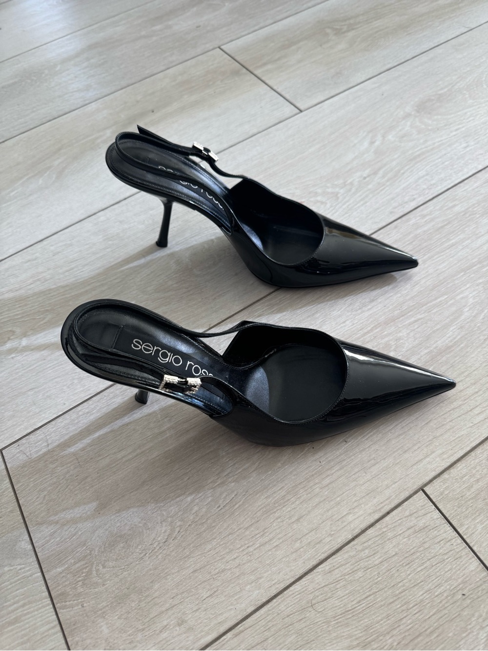 Sergio Rossi Black Patent Leather Pointed Slingback Pumps Size 38